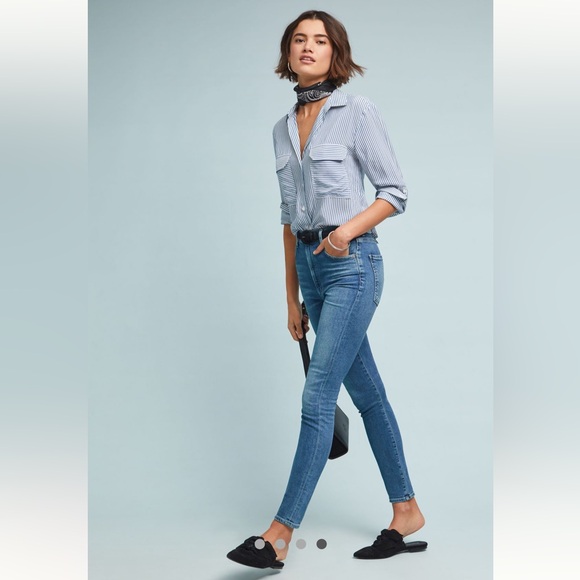 Anthropologie Maeve Blue Sadie Striped Button-Up Top Small Petite - Picture 9 of 10